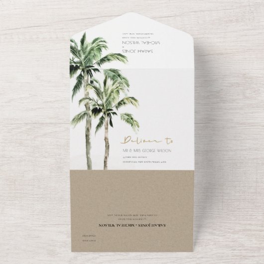 Tropical Beach Palm Trees Wasserfarbenhochzeit All In One Einladung (Außenbereich)