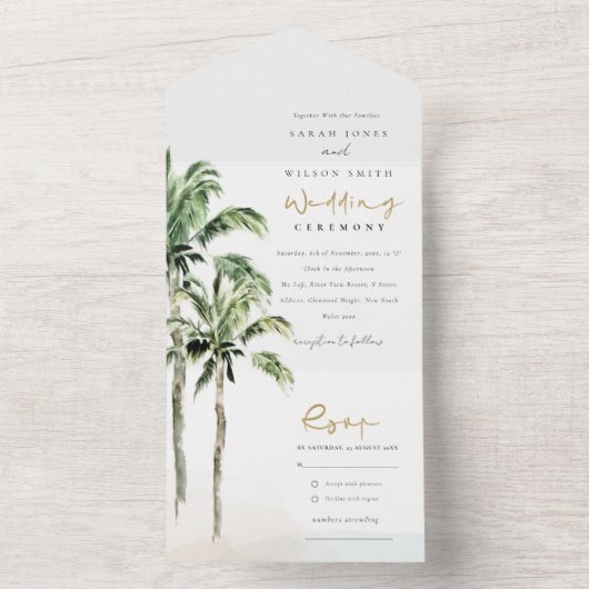 Tropical Beach Palm Trees Wasserfarbenhochzeit All In One Einladung (Innen Boden)