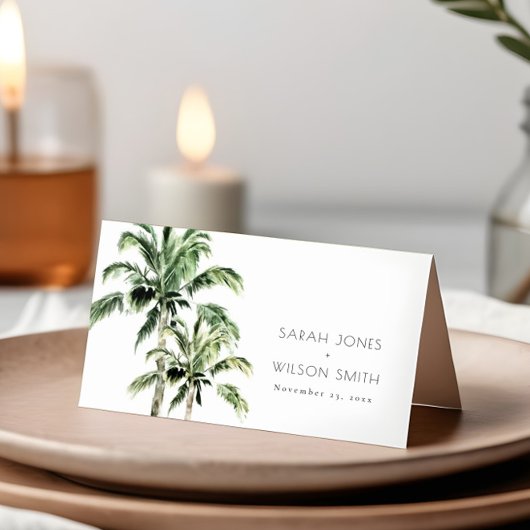 Tropical Beach Palm Trees Wasserfarbenhochzeit Platzkarte