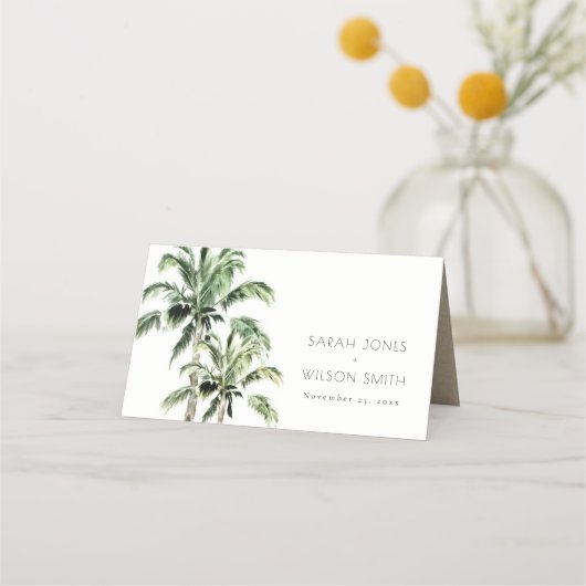 Tropical Beach Palm Trees Wasserfarbenhochzeit Platzkarte (Vorderseite)