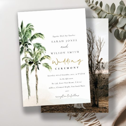 Tropical Beach Palm Trees Watercolor Wedding Foto Einladung