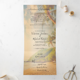 Tropical Beach Palm Trees Wedding dreifach Gefaltete Einladung