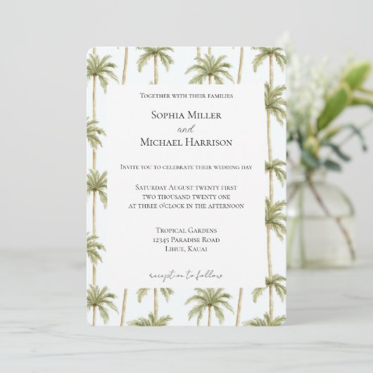 Tropical Beach Palm Trees Wedding Einladung (Stehend Vorderseite)