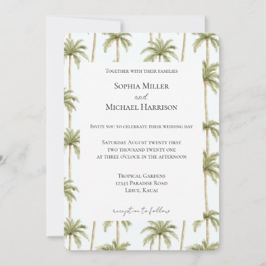 Tropical Beach Palm Trees Wedding Einladung (Vorderseite)