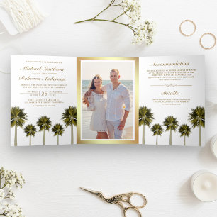 Tropical Beach Palm Trees Wedding Foto Dreifach Gefaltete Einladung