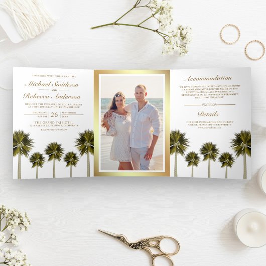 Tropical Beach Palm Trees Wedding Foto Dreifach Gefaltete Einladung