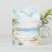 Tropical Beach Palm Trees Wedding Save The Date (Stehend Vorderseite)