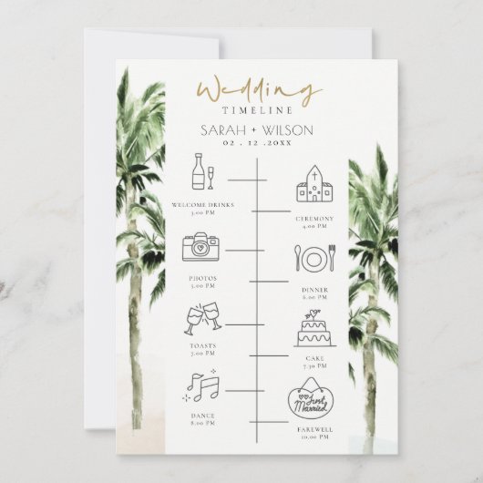 Tropical Beach Palm Trees Wedding Timeline Program Dankeskarte (Vorderseite)