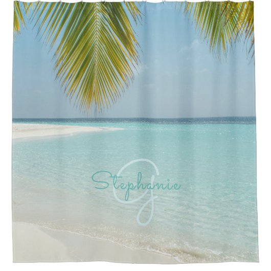 Tropical Beach Paradise Monogram Chic Palm Tree Duschvorhang (Vorderseite)