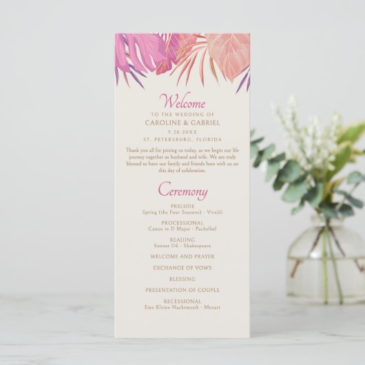 Tropical Beach Pink Hochzeitsprogramm (Stehend Vorderseite)