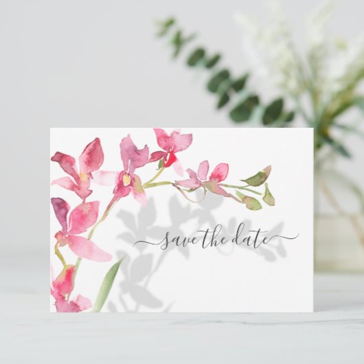 Tropical Beach Pink Orchideen mit Schatten Save The Date (Stehend Vorderseite)