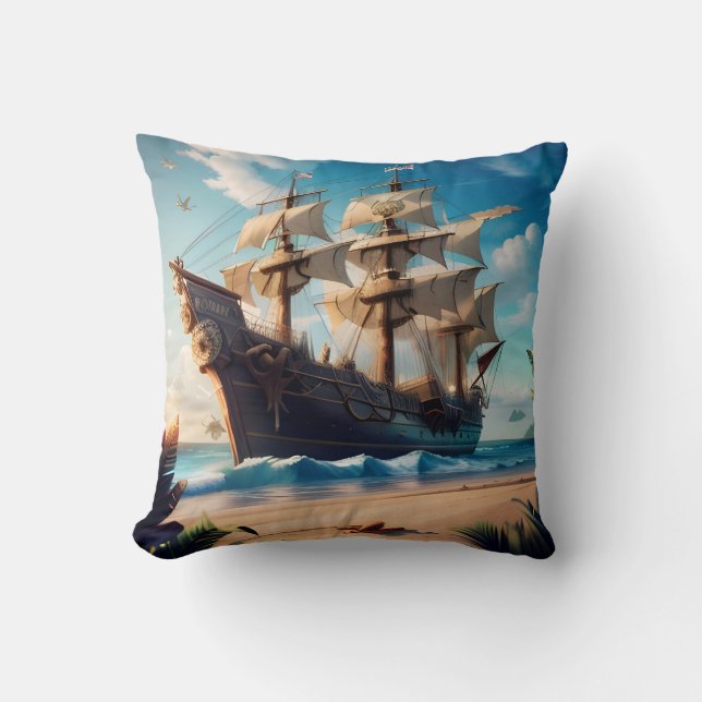 Tropical Beach Pirate Ship Kissen (Vorderseite)