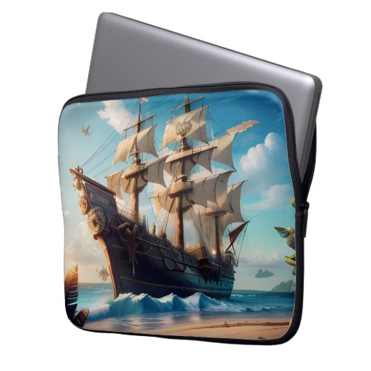 Tropical Beach Pirate Ship Laptopschutzhülle (Vorderseite Links)