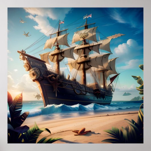 Tropical Beach Pirate Ship Poster (Vorne)
