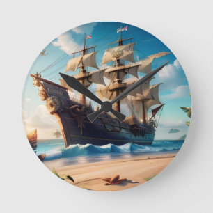 Tropical Beach Pirate Ship Runde Wanduhr