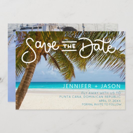 Tropical Beach Punta Cana Dominikanische Hochzeit Save The Date (Vorne/Hinten)