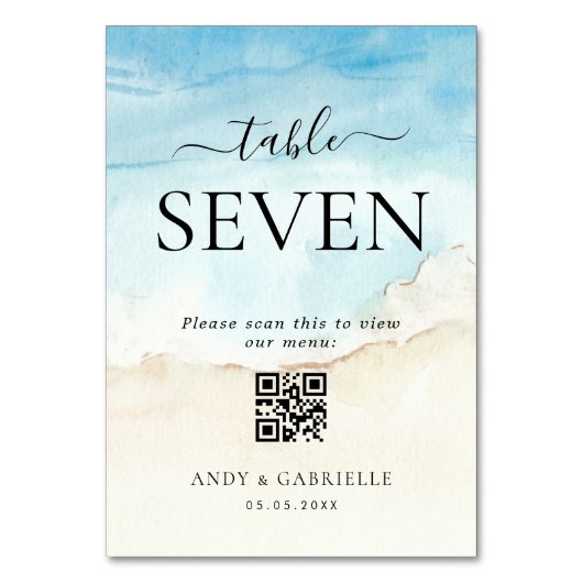 Tropical Beach QR Code Wedding Menu Tischnummer (Rückseite)