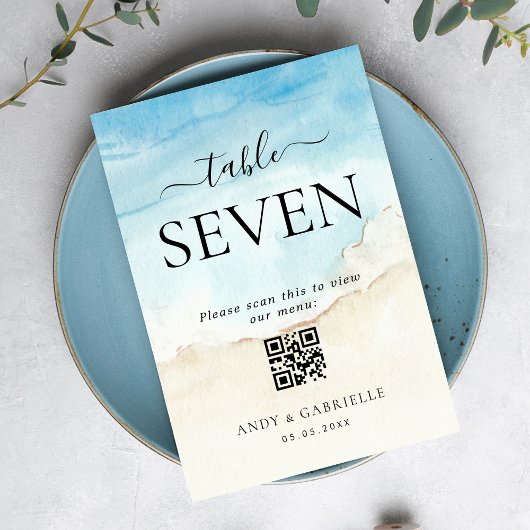 Tropical Beach QR Code Wedding Menu Tischnummer