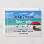 Tropical Beach Red Umbrella Modernes Foto Hochzeit Einladung (Vorderseite)