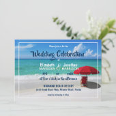 Tropical Beach Red Umbrella Modernes Foto Hochzeit Einladung (Stehend Vorderseite)