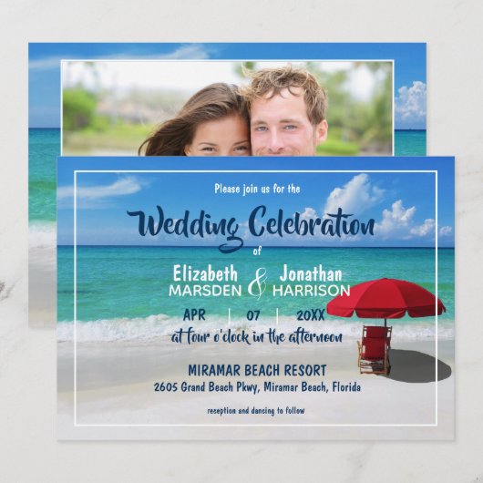 Tropical Beach Red Umbrella Modernes Foto Hochzeit Einladung (Vorne/Hinten)