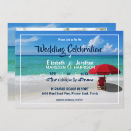 Tropical Beach Red Umbrella Modernes Foto Hochzeit Einladung