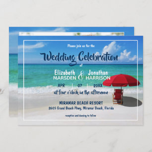 Tropical Beach Red Umbrella Modernes Foto Hochzeit Einladung