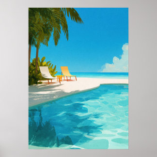Tropical beach resort with pool and lounge chairs  poster