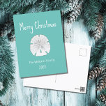 Tropical Beach Sand Dollar Aquamarine Weihnachten<br><div class="desc">Tropical Beach Weihnachten aquamarin grüne Postkarte,  mit einem Sand-Dollar-und weiße Typografie-Design,  Mit anpassbaren Buchstaben,  können Sie Ihre eigenen Informationen hinzufügen. Ideal,  um den Lieben in dieser Ferienzeit gute Wünsche zu schicken.</div>