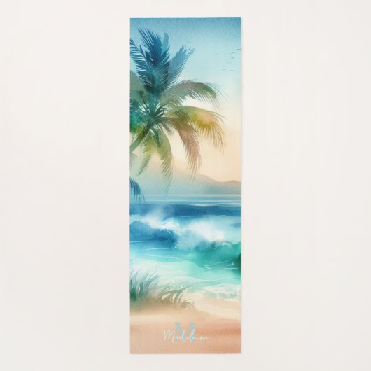 Tropical Beach Sand Waves Palm Name Monogram Yogamatte (Rückseite)