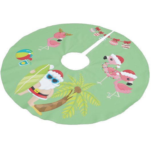 Tropical Beach Santa and Flamingos Polyester Weihnachtsbaumdecke (Schrägansicht)