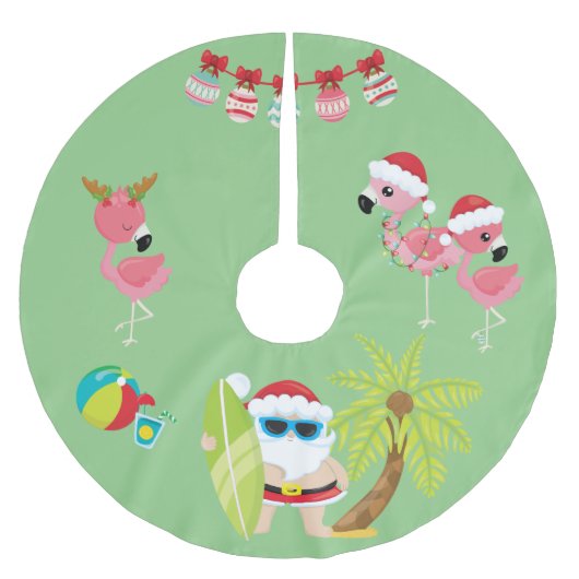 Tropical Beach Santa and Flamingos Polyester Weihnachtsbaumdecke (Vorderseite)