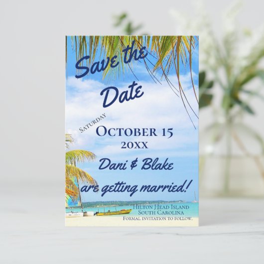 Tropical Beach Save the Date (Stehend Vorderseite)