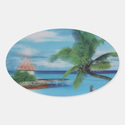 Tropical Beach Scene Art Print Ovaler Aufkleber (Vorderseite)