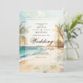 Tropical Beach Scene Wedding Einladung (Stehend Vorderseite)