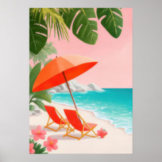 Tropical beach scene with lounge chairs  poster