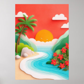 Tropical beach scene with palm trees and hibiscus  poster