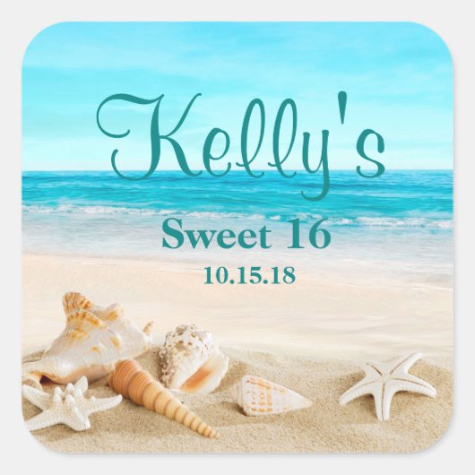 Tropical Beach Sea Muschel Sweet 16 Fevor Labels Quadratischer Aufkleber (Vorderseite)
