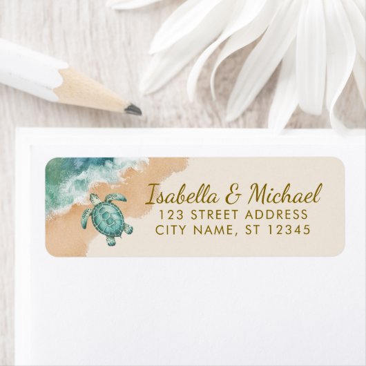 Tropical Beach Sea Turtle Gold Return Address (Insitu)