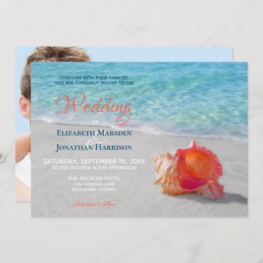 Tropical Beach Seashell Modernes Foto Hochzeit Einladung (Vorne/Hinten)