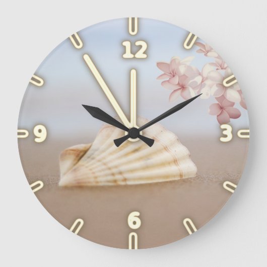 Tropical Beach, Seashell, Plumeria Große Wanduhr (Vorderseite)