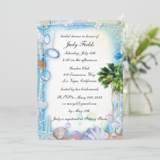 Tropical Beach Seashell Wedding Brautparty Card Einladung (Stehend Vorderseite)