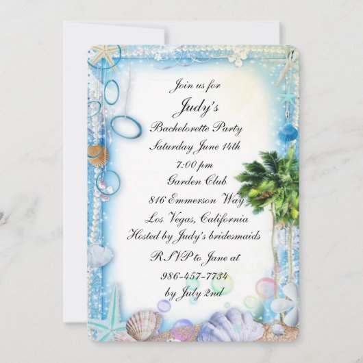 Tropical Beach Seashell Wedding Junggeselinnen-Abs Einladung (Vorderseite)
