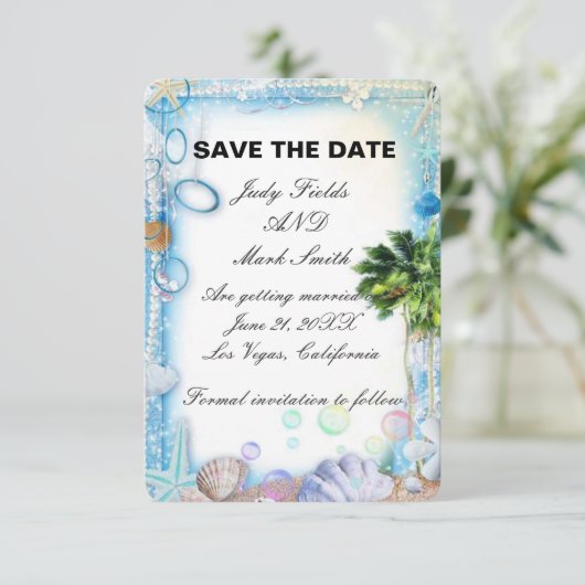 Tropical Beach Seashell Wedding speichert die Datu Save The Date (Stehend Vorderseite)