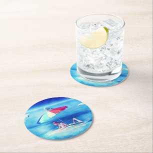 Tropical Beach Sommer Girl Urlaub Wasserfarbe Runder Pappuntersetzer