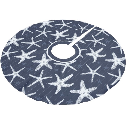 Tropical Beach Starfish Blue und White Gemustert Polyester Weihnachtsbaumdecke (Schrägansicht)