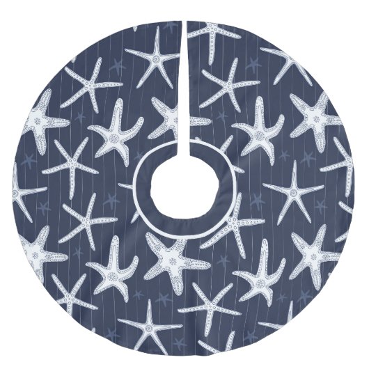 Tropical Beach Starfish Blue und White Gemustert Polyester Weihnachtsbaumdecke (Vorderseite)