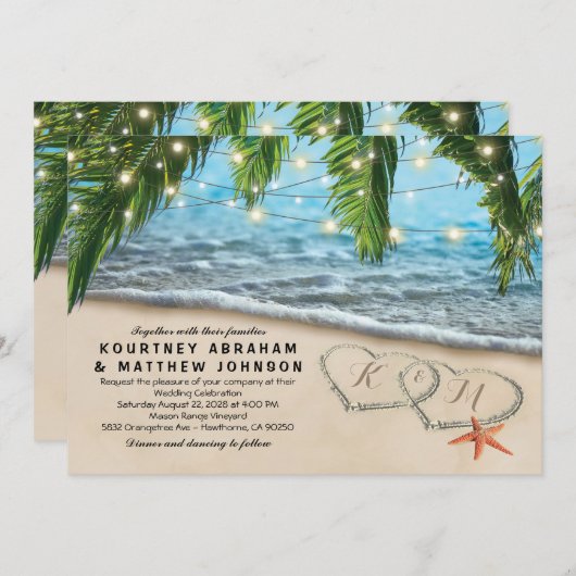Tropical Beach Starfish Heart Shore Wedding Einladung (Vorne/Hinten)