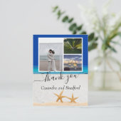 Tropical Beach Starfish in Sand Wedding Dark Blue Dankeskarte (Stehend Vorderseite)