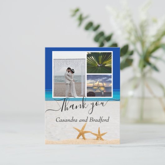 Tropical Beach Starfish in Sand Wedding Dark Blue Dankeskarte (Stehend Vorderseite)